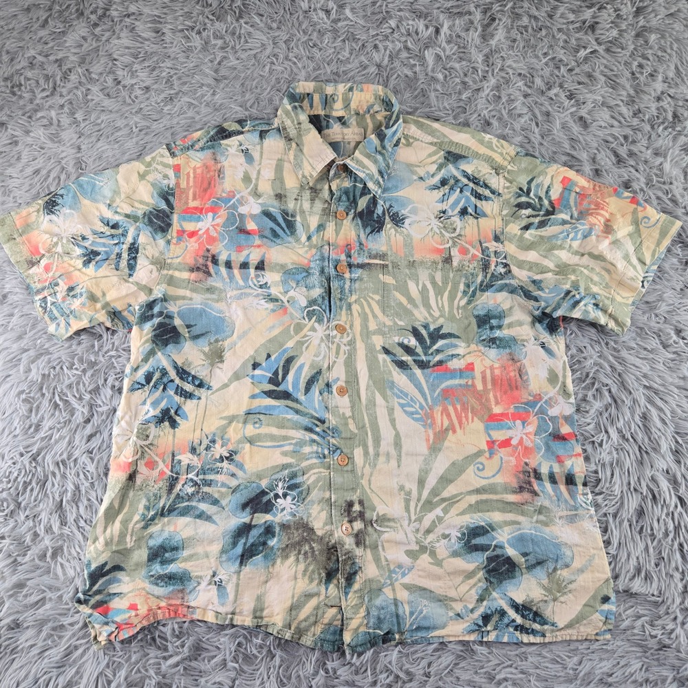 The Territory Ahead Mens L Green Tropical Floral Short Sleeve Hawaiian Button Up